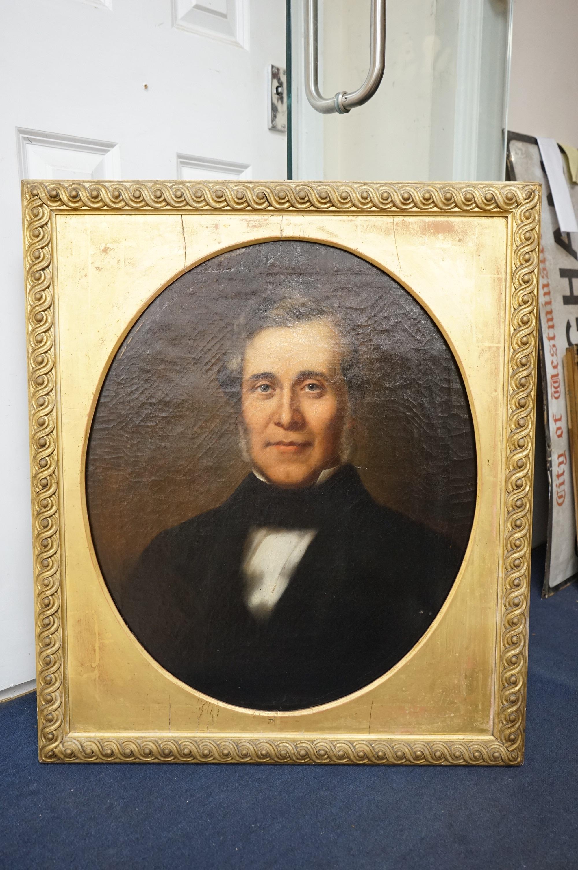 Mid 19th century, English School, feigned oval oil on canvas, Portrait of a gentleman, unsigned, 58 x 48cm, gilt framed. Condition - fair to good